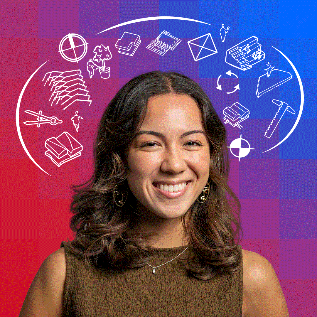 Angie with symbols illustrated over the head and in the mind