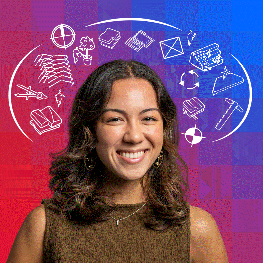 Angie with symbols illustrated over the head and in the mind