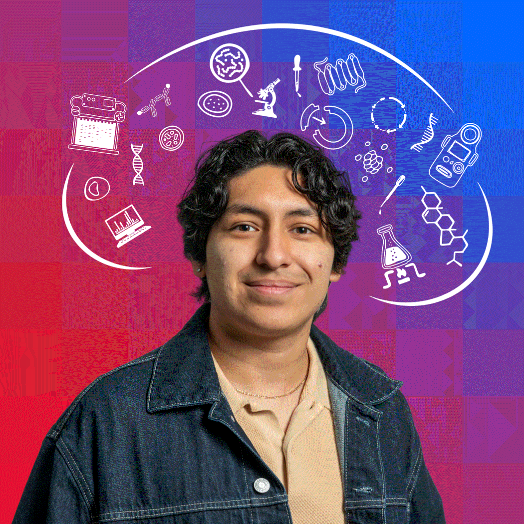 Luis with symbols illustrated over the head and in the mind