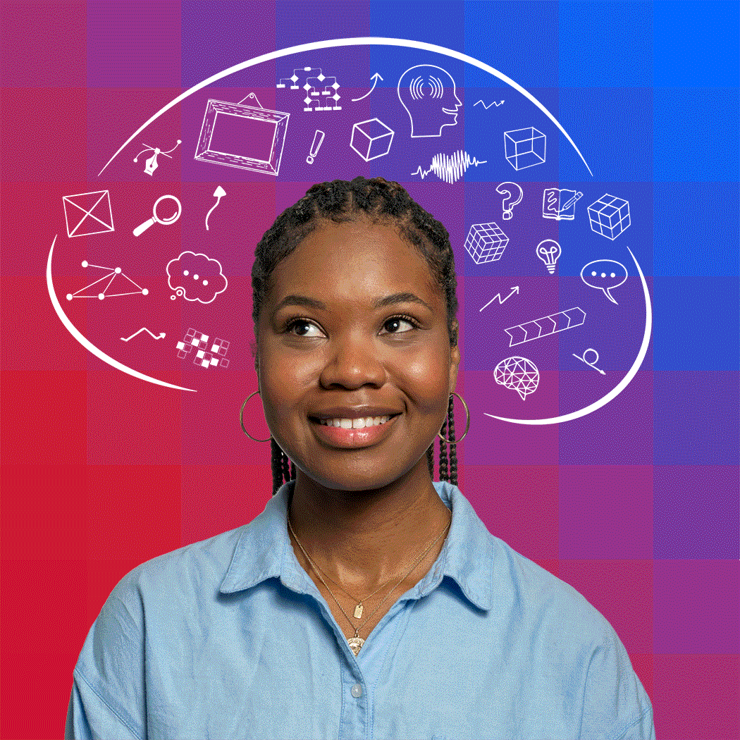 Regina with symbols illustrated over the head and in the mind